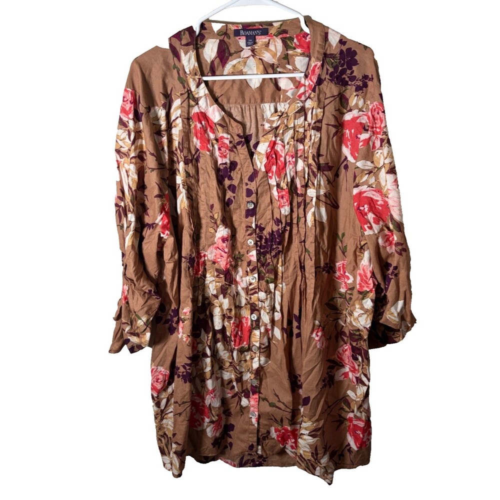 Roaman's Blouse Women's 28W Brown Pleated 3/4 Sleeve Button Up Floral Top